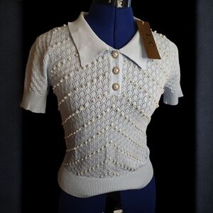 Lizette Collection Elegant Pearl Embellished Light Blue Knit Top